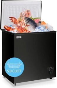 Chest Freezer 5.0 Cu.Ft Small Deep Freezer Black Top Door Mini Freezer with Removable Basket, Low Noise, 7 Adjustable Temperature and Energy Saving Perfect for Home Garage Basement Dorm or Apartment