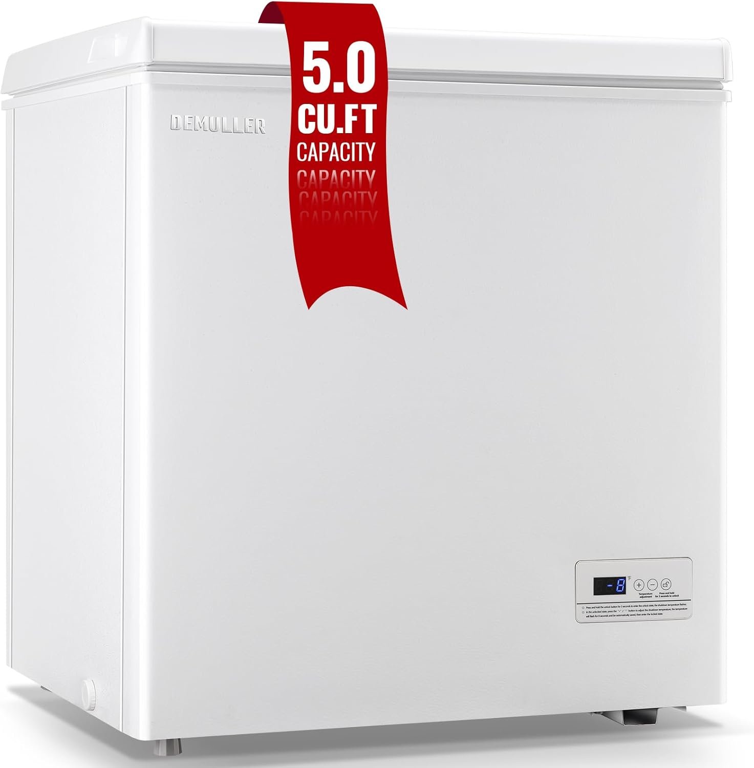 DEMULLER Chest Freezer 5.0 Cubic Feet Freezers with Temperature Display Panel Small Deep Freezer 2 Removable Basket Top Open Door Freezer Ideal for Apartment Office Dorm White