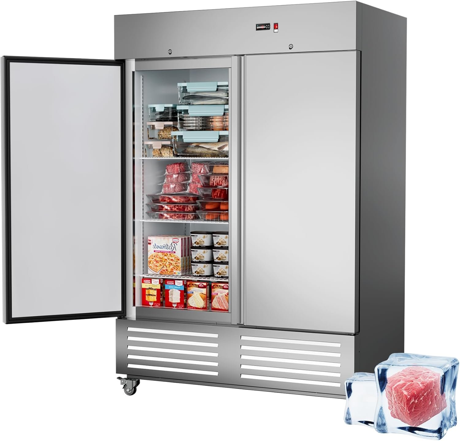 Commercial Freezer 54"W 2 Door Stainless Steel Reach-in Solid Door Upright Freezer Fan Cooling 49 Cu.ft Freezers -8-1°F for Restaurant, Bar, Shop