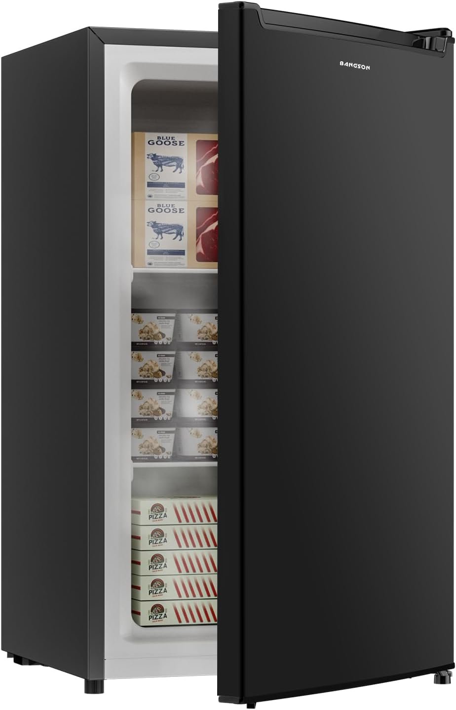 BANGSON 2.1 Cu.ft Upright Freezer, Compact Mini Freezer with Reversible Black Door, Adjustable Thermostat, Removable Shelves, Energy-Saving Small Freezer for Dorm/Office/Apartment, Black