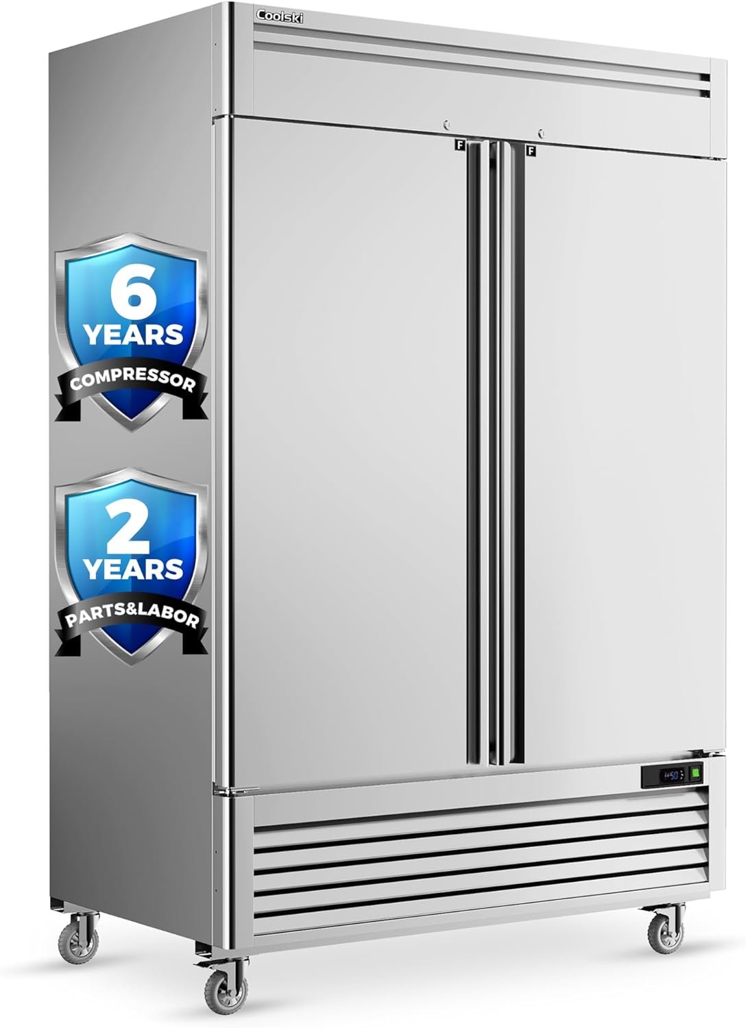 Coolski 54"W Commercial Freezer, -13℉ ~-5℉, 49 Cu.Ft 2 Door Reach-In Stainless Steel Upright Freezer for Restaurant, Cafe, Shop, Business, 8 Adjustable Shelves