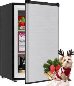 TABU 3.6 Cu Ft Upright Freezer, Freestanding Mini Freezer with 7 Adjustable Thermostat, Compact Freezer with Removable Shelves, Reversible Stainless Steel Door, Silver