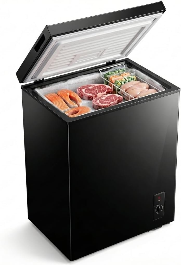 3.5 Cu.Ft Chest Freezer, Energy Efficient & Quiet Deep Freezer with Adjustable Thermostat, Removable Basket & Defrost Drain – Compact Freezer for Home, Garage, Apartment & Dorm, Black