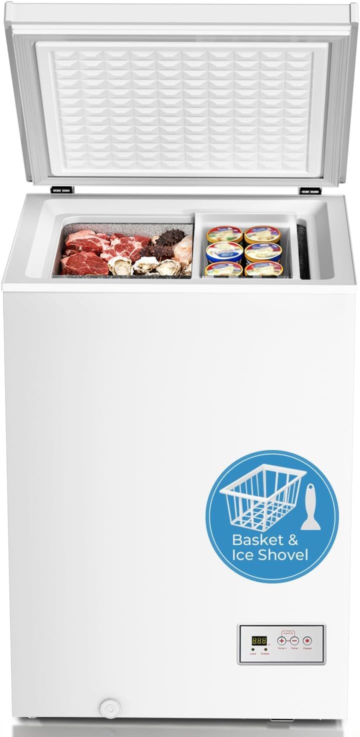 Antarctic Star Chest Freezer 3.2 Cubic Feet 14℉ to -40℉ Low Temperature Freezer with Removable Basket,Free Standing Top open Door Deep Freezer, Adjustable Temperature for Home, Basement, Kitchen,White
