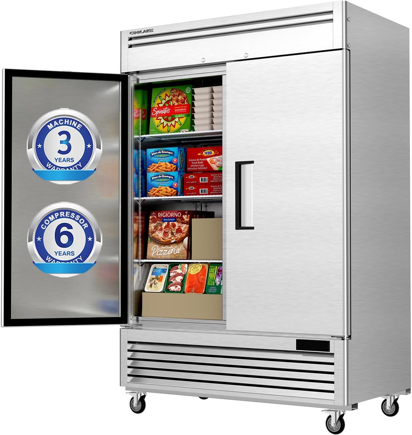 Coolake 54" W Commercial Freezer, 49 Cu Ft Solid Door Upright Freezer with 8 Adjustable Shelves, -13°F ~ -5°F, Frost-free Stainless Steel Industrial Reach-in Freezer for School Restaurant Prep Kitchen